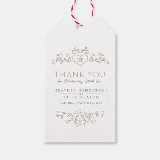 Leaf art hart monogram tan bruiloft dank u cadeaulabel (Voorkant)