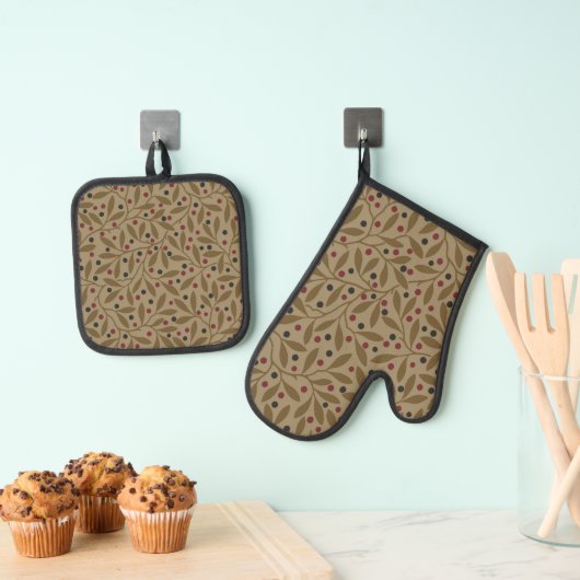 Leaf Berry Classic Kleurrijke Patroon Art Ovenwant & Pannenlap Set (Insitu(Ophanging))