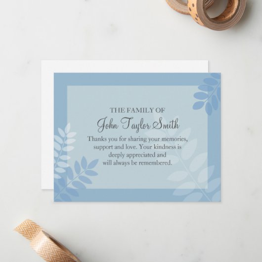 Leaf Blue Funeral Note Card Flat Bereavement Note Notitiekaartje (Voorkant / Achterkant in situ)