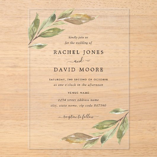 Leaf Clear Acryl bruiloft uitnodiging (Voorkant)