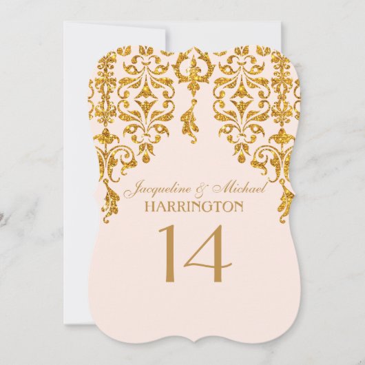 Leaf Damask Art Nouveau Glitter Table Number Kaart (Voorkant)