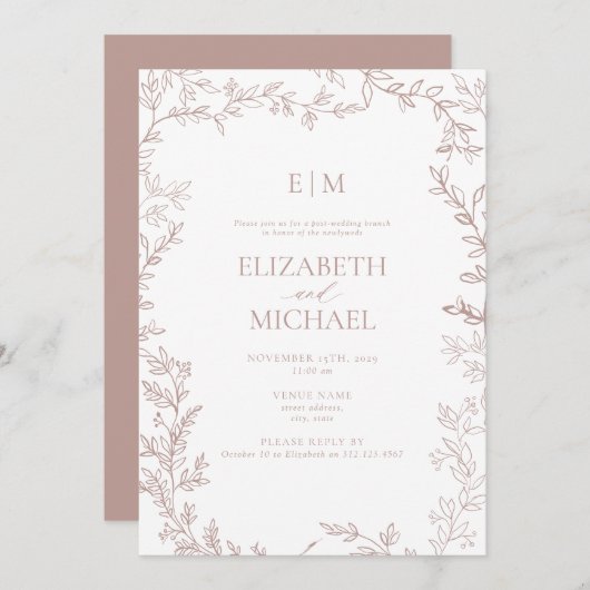 Leaf Dusty Roos Monogram Post Bruiloft Brunch Kaart (Voorkant / Achterkant)