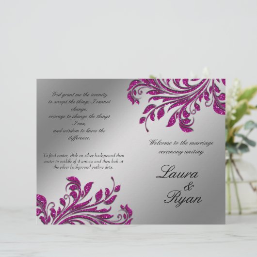 Leaf Flower Wedding Program Silver Pink Glitter (Staand voorkant)
