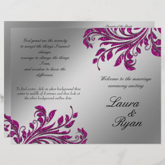 Leaf Flower Wedding Program Silver Pink Glitter (Voorkant / Achterkant)