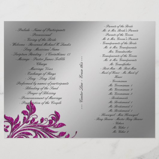 Leaf Flower Wedding Program Silver Pink Glitter (Achterkant)