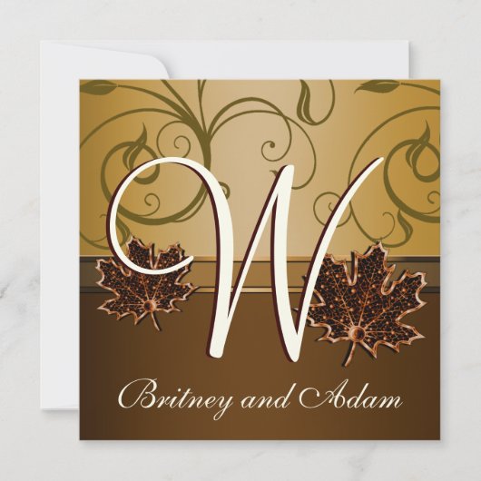 Leaf Gold Chocolate Brown Fall Wedding Invitations Kaart (Voorkant)