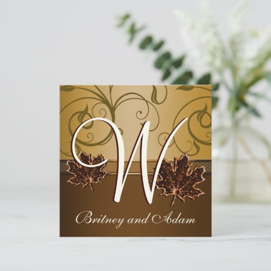 Leaf Gold Chocolate Brown Fall Wedding Invitations Kaart (Staand voorkant)