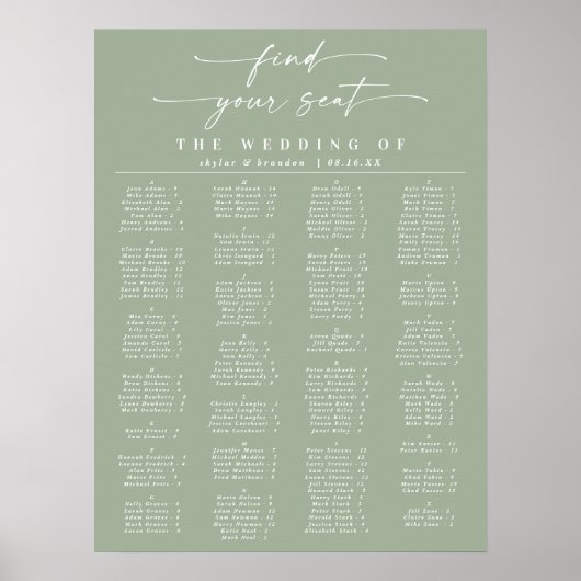 Leaf Green Alfabetical Wedding Seding Chart Poster (Voorkant)