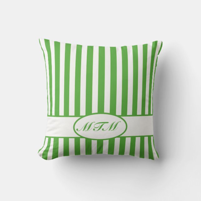 Leaf Green Autumnal Stripes met monogram Kussen (Voorkant)