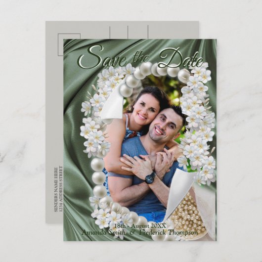 Leaf Green Silk and Ivory Pearls Save the Date Aankondigingskaart (Voorkant / Achterkant)