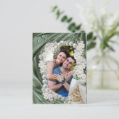 Leaf Green Silk and Ivory Pearls Save the Date Aankondigingskaart (Staand voorkant)