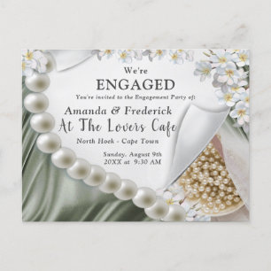 Leaf-Green Silk and Ivory Pearls Verloving Uitnodiging Briefkaart