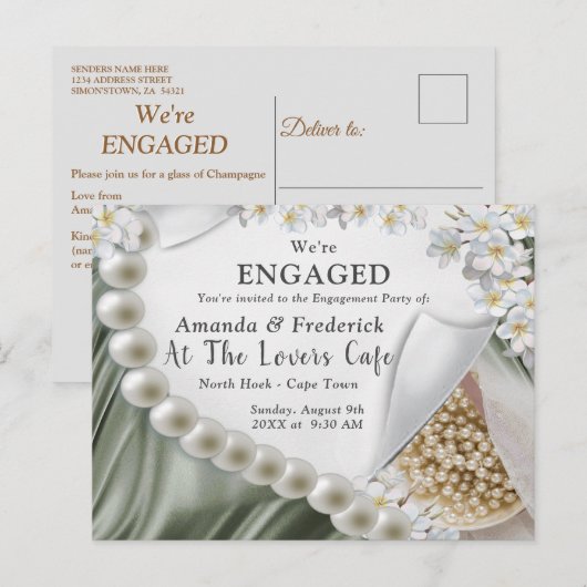 Leaf-Green Silk and Ivory Pearls Verloving Uitnodiging Briefkaart (Voorkant / Achterkant)