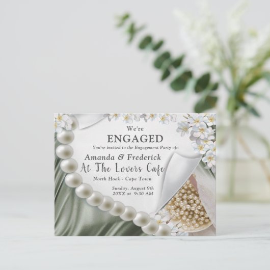 Leaf-Green Silk and Ivory Pearls Verloving Uitnodiging Briefkaart (Staand voorkant)