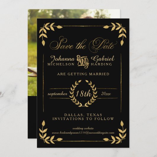 Leaf Greenery Gold Black Save the Date Photo (Voorkant / Achterkant)
