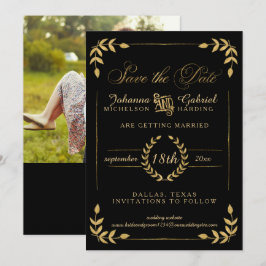 Leaf Greenery Gold Black Save the Date Photo