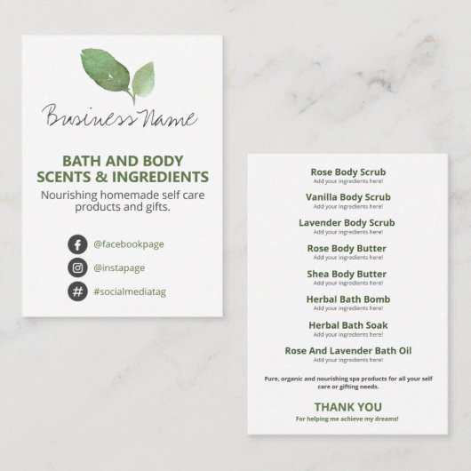 Leaf Homemade Bath and body Ingredient List Visitekaartje (Voorkant / Achterkant)