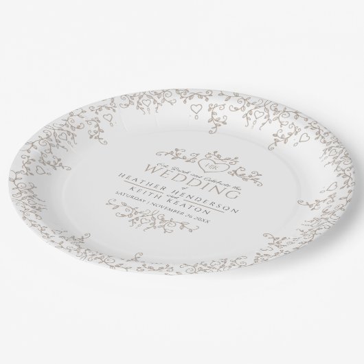 Leaf line art hartmonogram tan bruiloft papieren bordje (Gekanteld)