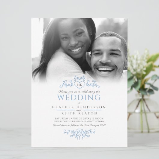 Leaf line art monogram blauwe trouwfoto kaart (Staand voorkant)