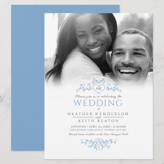 Leaf line art monogram blauwe trouwfoto kaart (Voorkant / Achterkant)