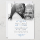 Leaf line art monogram blauwe trouwfoto kaart (Voorkant)