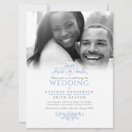 Leaf line art monogram blauwe trouwfoto kaart