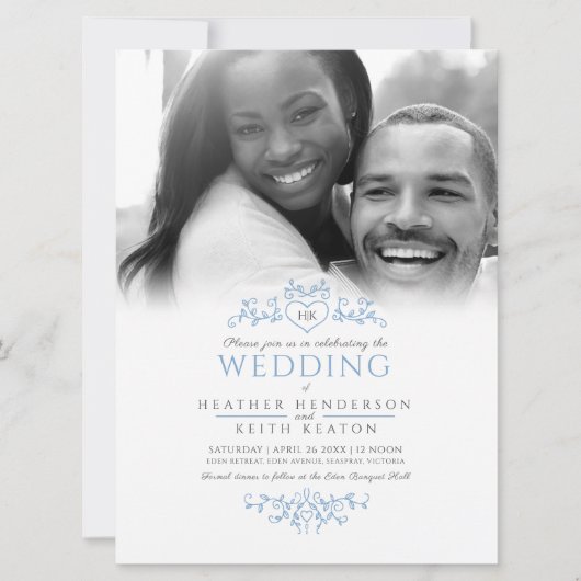 Leaf line art monogram blauwe trouwfoto kaart (Voorkant)