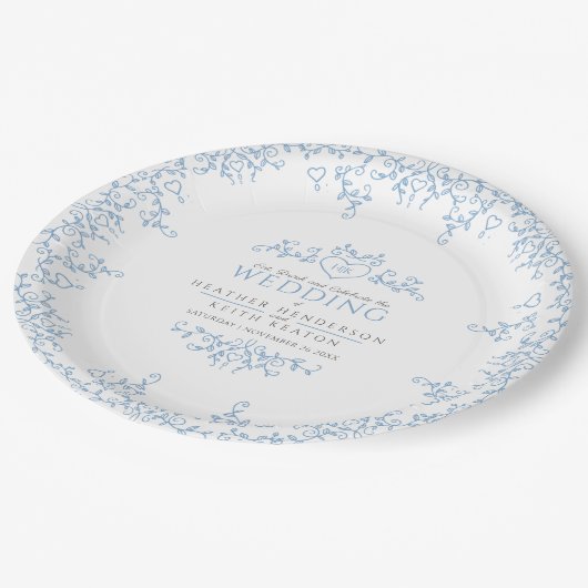 Leaf line art monogram blue bruiloft papieren bordje (Gekanteld)