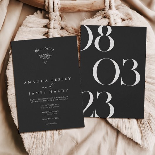 Leaf minimalistisch Elegant Zwart & Wit Bruiloft Kaart