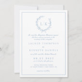 Leaf Monogram Crest Dusty Blue QR Code Wedding Kaart (Voorkant)