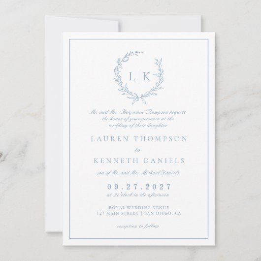 Leaf Monogram Crest Dusty Blue QR Code Wedding Kaart (Voorkant)