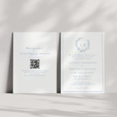 Leaf Monogram Crest Dusty Blue QR Code Wedding Kaart