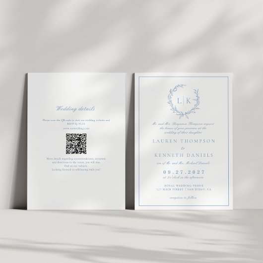 Leaf Monogram Crest Dusty Blue QR Code Wedding Kaart