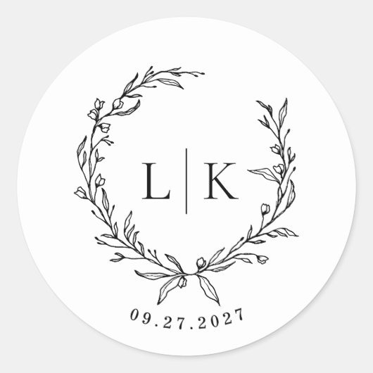 Leaf Monogram Crest Zwart Wit Trouwen Ronde Sticker (Voorkant)