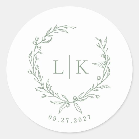 Leaf Monogram Sage Green Wedding Ronde Sticker (Voorkant)