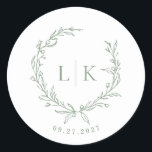 Leaf Monogram Sage Green Wedding Ronde Sticker<br><div class="desc">Elegante salie groene blad monogram kam bruiloft sticker.</div>