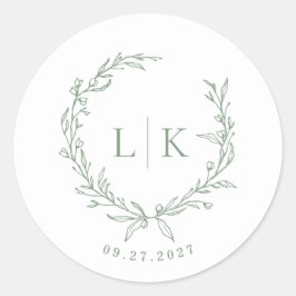 Leaf Monogram Sage Green Wedding Ronde Sticker