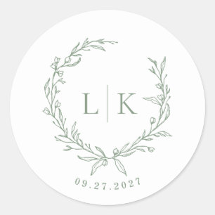 Leaf Monogram Sage Green Wedding Ronde Sticker