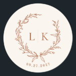 Leaf Monogram Terracotta Cream Wedding Ronde Sticker<br><div class="desc">Elegante terracotta blad monogram kam bruiloft sticker.</div>