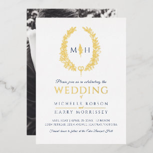 Leaf oval line art bruiloft blauw goud goudwit folie uitnodiging