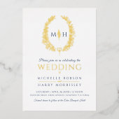 Leaf oval line art bruiloft blauw goud goudwit folie uitnodiging (Voorkant)