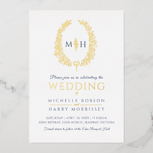 Leaf oval line art bruiloft blauw goud goudwit folie uitnodiging (Voorkant)