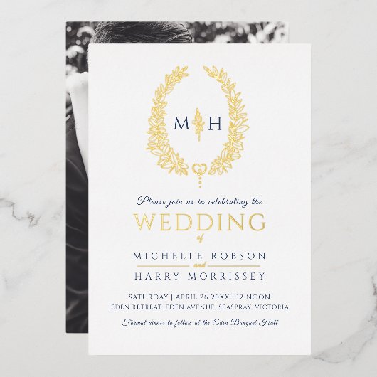 Leaf oval line art bruiloft blauw goud goudwit folie uitnodiging (Voorkant / Achterkant)