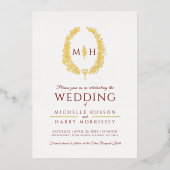 Leaf oval line art bruiloft bogundy red gold folie folie uitnodiging (Voorkant)