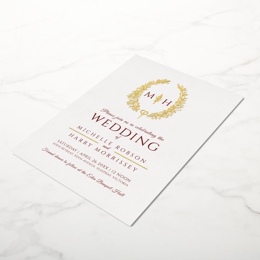 Leaf oval line art bruiloft bogundy red gold folie folie uitnodiging (Gedraaid)