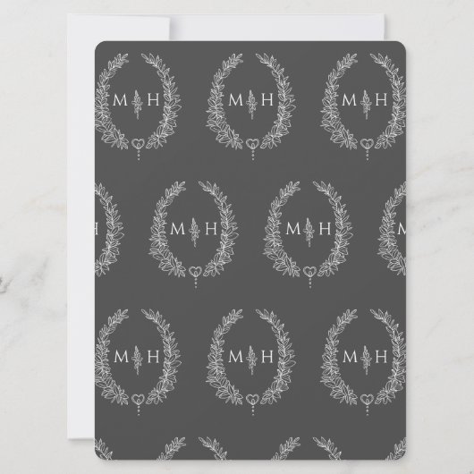 Leaf oval line art bruiloft donkergrijs en wit kaart (Achterkant)