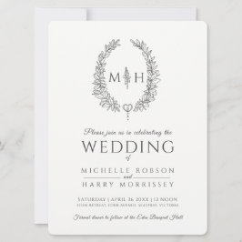 Leaf oval line art bruiloft donkergrijs en wit kaart