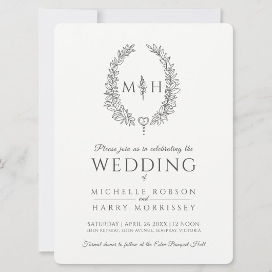 Leaf oval line art bruiloft donkergrijs en wit kaart (Voorkant)