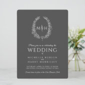 Leaf oval line art bruiloft donkergrijs en wit kaart (Staand voorkant)