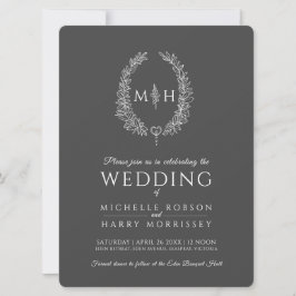 Leaf oval line art bruiloft donkergrijs en wit kaart